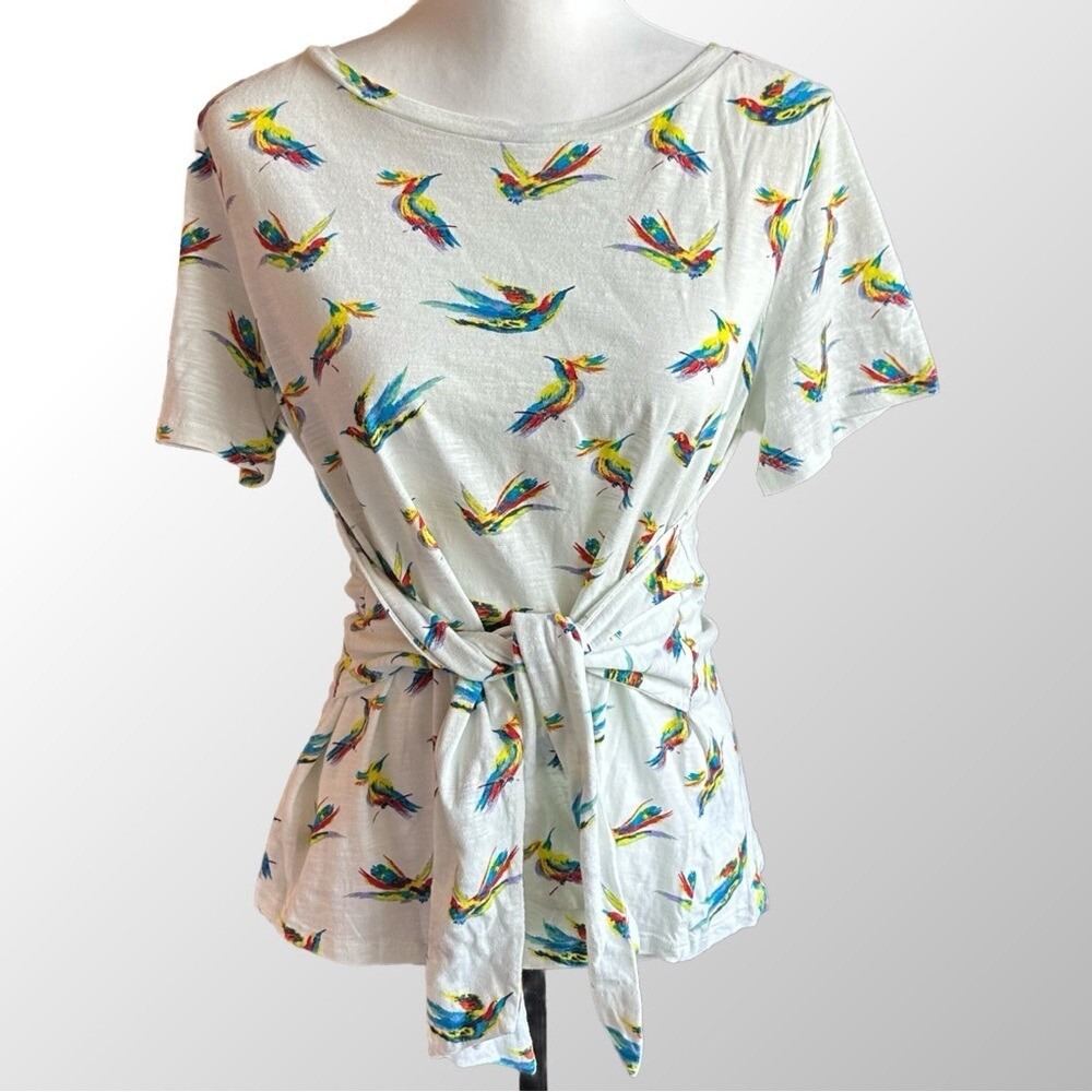 Meadow Rue Anthropologie NWT Hummingbird Tie Front Top Women Large White‎ Multi